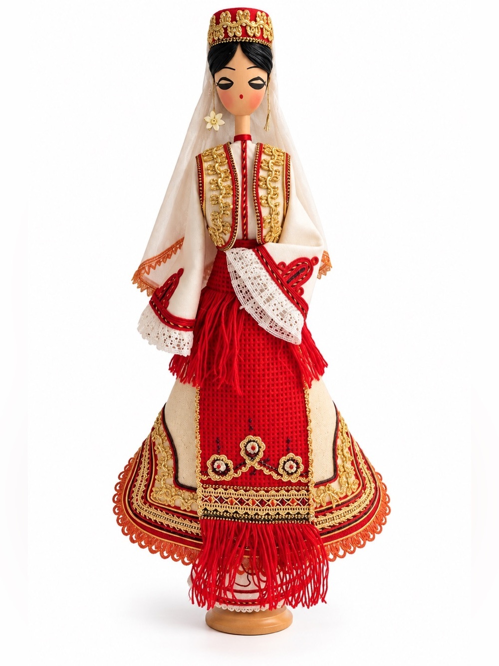 Vintage Bulgarian Folk Doll Wooden Traditional Costume Red Gold 14"